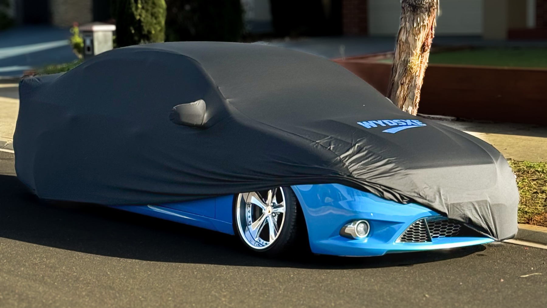 A custom car cover half off a lowered blue Falcon, showing the wheels and front end